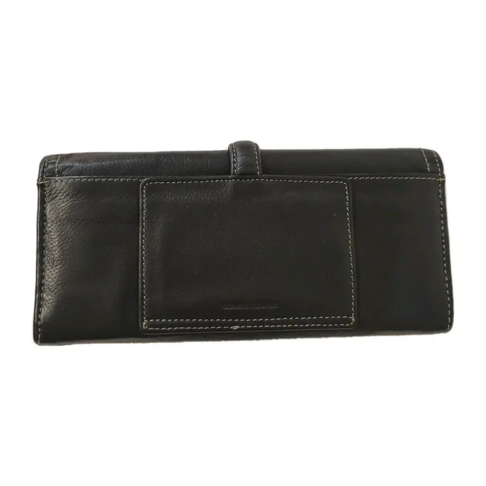 Vintage Black Leather Wallet with Snap Closure & Striped Lining